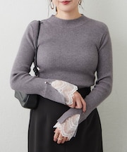 上品見え叶う、袖レースリブニット