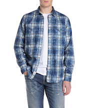 チェック柄インディゴデニムシャツ