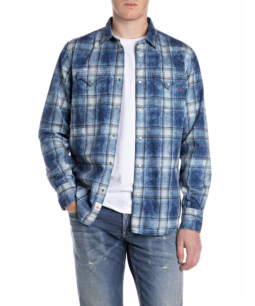 チェック柄インディゴデニムシャツ