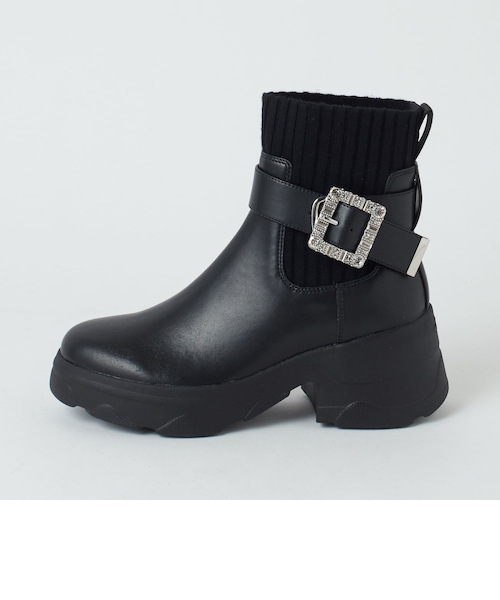 ＋diana クリスタルバックル 撥水ショートブーツ 25.0 厚底 レザー 黒 撥水加工】クリスタルバックルショートブーツ｜ダイアナのアウトレット