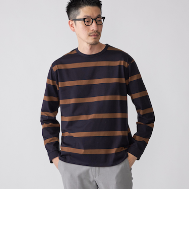 SHIPS: ワイドパネル ボーダー クルーネック Tシャツ (ロンT)