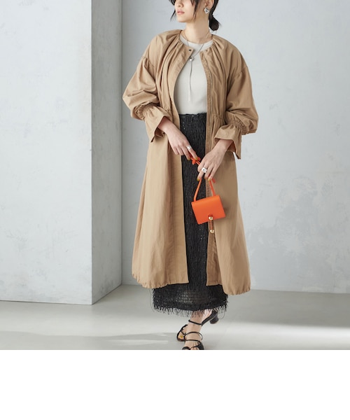 撥水加工/手洗い可能〉裾 ドロスト ノーカラー ロング コート 24SS