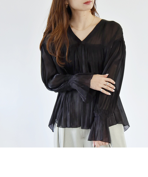 quaranciel:〈手洗い可能〉シアー シャイン サテン ギャザー ブラウス