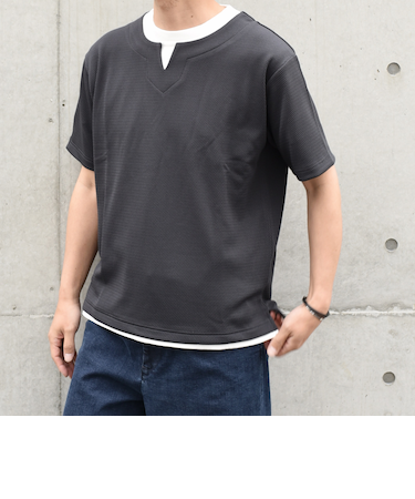 【WEB限定】SHIPS any: キーネック ジャカード フェイクレイヤード Tシャツ◇