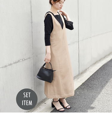 quaranciel:〈洗濯機可能〉Vネック ジャンパースカート × 七分袖 TEE セット