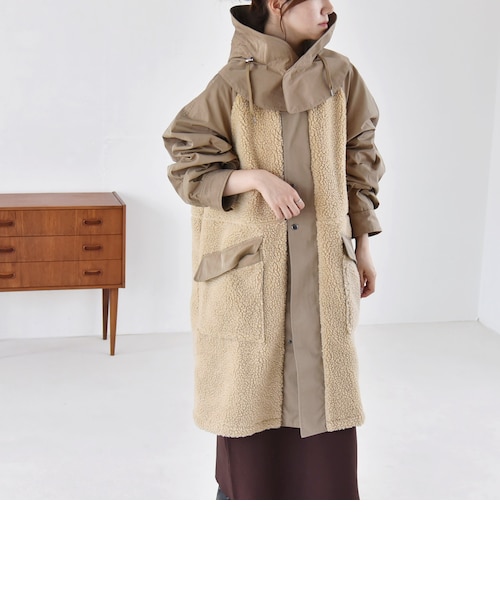 quaranciel: ポリエステル フェイク ファー ボア フーデッド コート