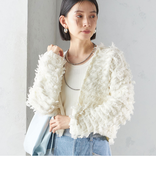 新品未使用　ギマテープフリンジカーディガン 手洗い可能〉ギマ フリンジ ショート カーディガン｜シップス