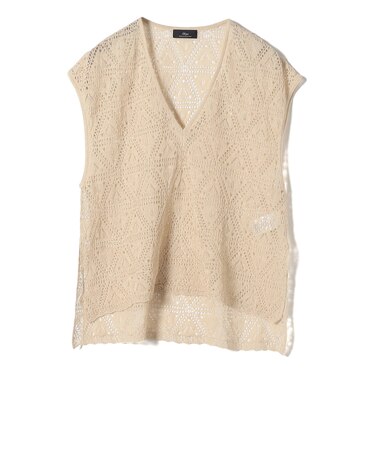 SHIPS Primary Navy Label:〈手洗い可能〉クロシェ風 レース ノースリ ニット