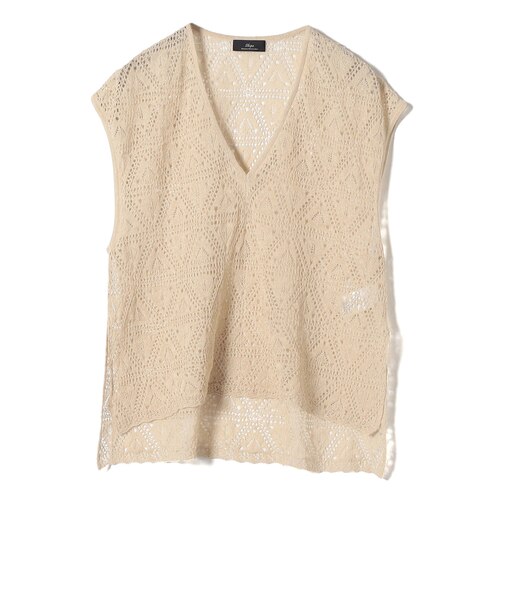 SHIPS Primary Navy Label:〈手洗い可能〉クロシェ風 レース ノースリ ニット