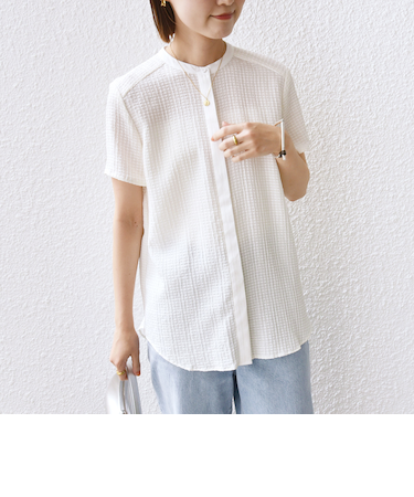 〈手洗い可能〉ジャカード バンドカラー ショート スリーブ ブラウス