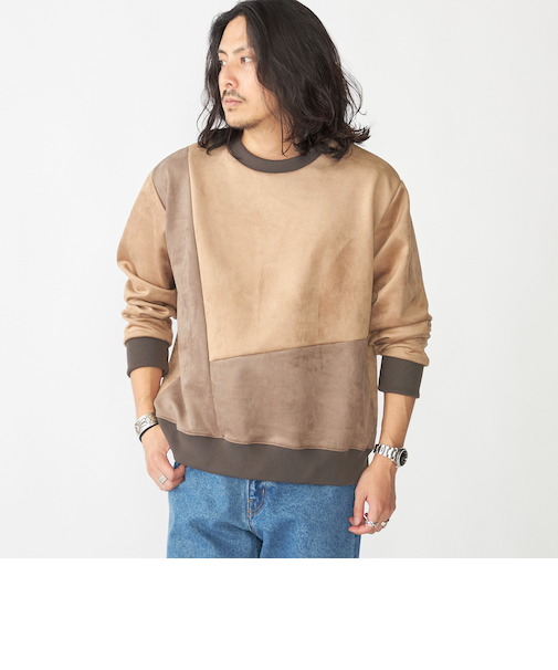 SHIPS:〈洗濯機可能〉パネル ポリエステル スエード ドッキング  ロングスリーブ Tシャツ