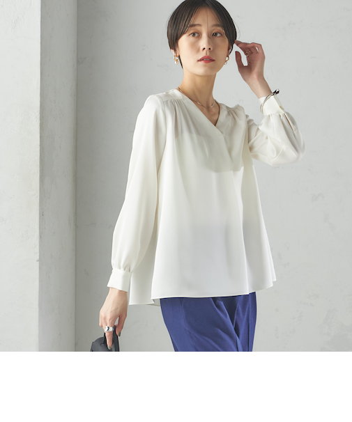 〈手洗い可能〉バックサテン Vネック ロング スリーブ ブラウス