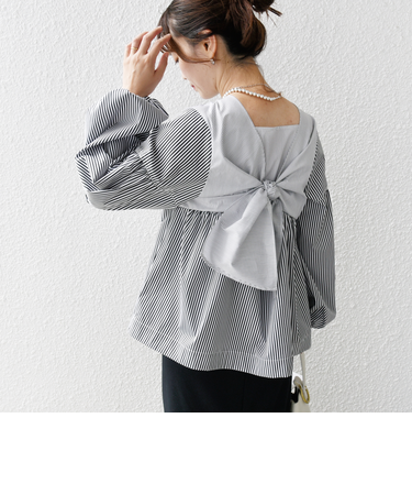 【WEB限定】〈手洗い可能〉前後 2WAY リボン デザイン ストライプ ブラウス