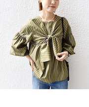 【WEB限定】〈手洗い可能〉前後 2WAY リボン デザイン ストライプ ブラウス