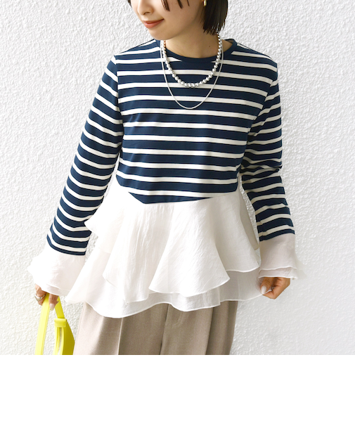 【WEB限定】〈手洗い可能〉ボーダー フリル ティアード プルオーバー