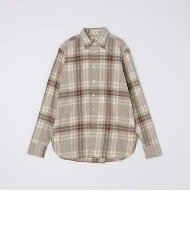 GUY ROVER: コットンフランネル ブラウン/ベージュ チェック ワイドカラー シャツ