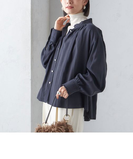 〈手洗い可能〉フリル ネック フロント ギャザー ブラウス