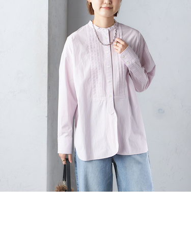 〈洗濯機可能〉ピンタック バンド カラー シャツ