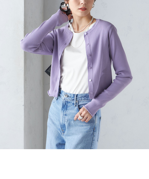 〈手洗い可能〉レーヨン ポリ リブ クルーネック カーディガン