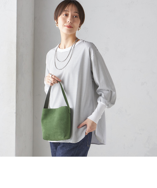 ロング リブ スリーブ カットソー  ボーダー / ソリッド