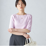 〈手洗い可能〉ボートネック 5分袖 リブ ニット