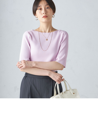〈手洗い可能〉ボートネック 5分袖 リブ ニット