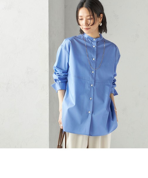 〈手洗い可能〉ソリッド フロント ヨーク スタンドカラー シャツ