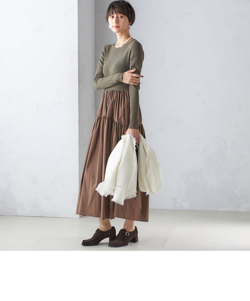 〈手洗い可能〉リブ ニット 長袖 × 布帛 ギャザー スカート ワンピース