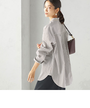 〈手洗い可能〉ストライプ フロント ヨーク スタンドカラー シャツ