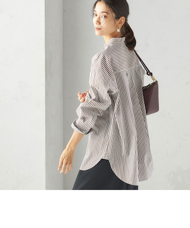 〈手洗い可能〉ストライプ フロント ヨーク スタンドカラー シャツ