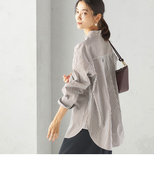 〈手洗い可能〉ストライプ フロント ヨーク スタンドカラー シャツ