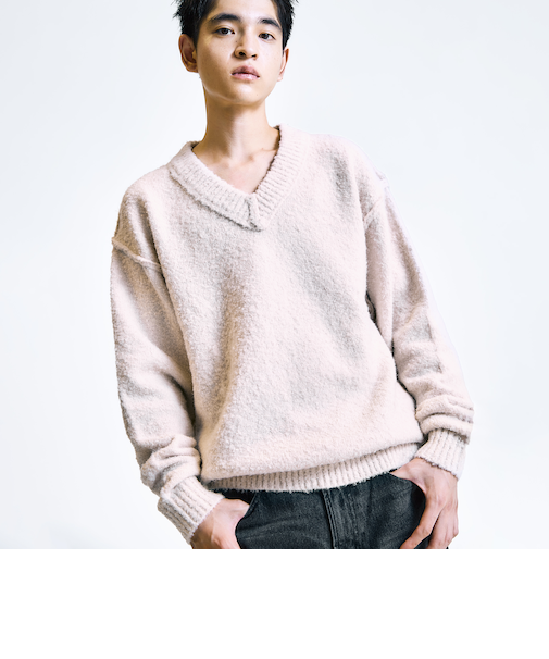 City Ambient Products:〈手洗い可能〉ループヤーン ワイドリブ Vネック ニット