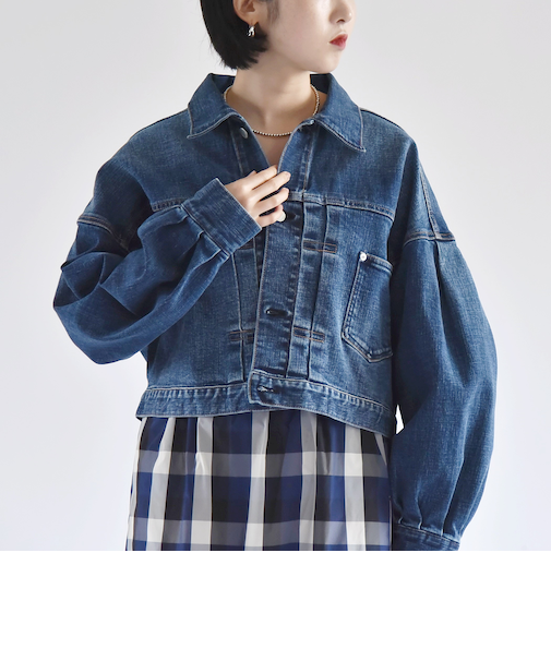 quaranciel:〈洗濯機可能〉ボリュームスリーブ ショート デニム ジャケット