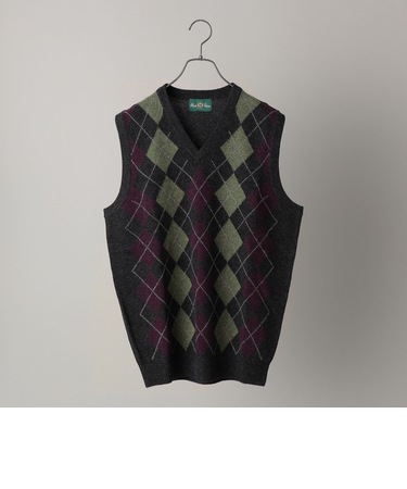 ALAN PAINE: 7ゲージ アーガイル Vネック ニットベスト