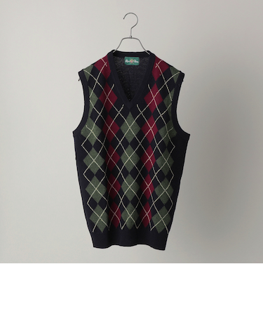 ALAN PAINE: 7ゲージ アーガイル Vネック ニットベスト