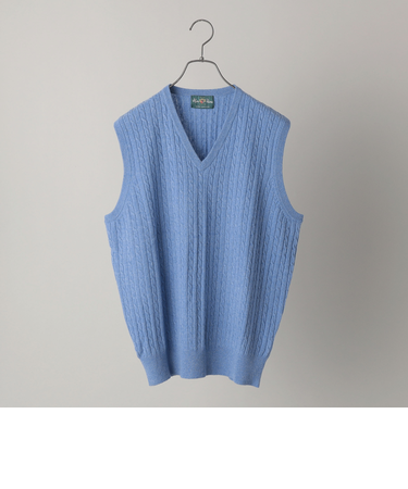 ALAN PAINE: 12ゲージ ジーロンラム ケーブル編み Vネック ニットベスト