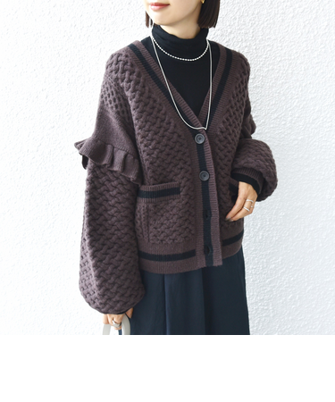 【WEB限定】袖 フリル チルデン ケーブル ライン カーディガン