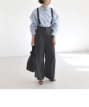 quaranciel:〈洗濯機可能〉チェック サスペンダー付 タック ワイド パンツ