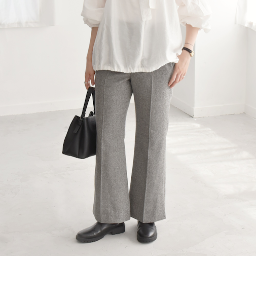 quaranciel:〈洗濯機可能〉ポリエステル サージ セミ フレア パンツ