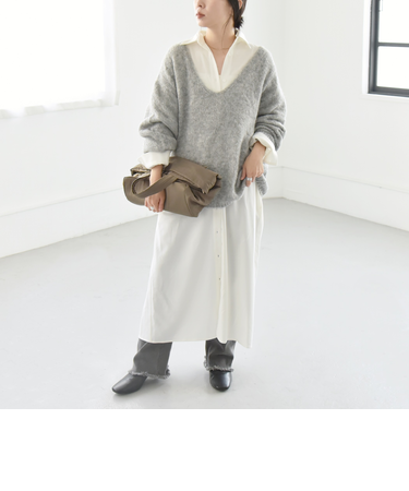 quaranciel:〈洗濯可能〉Vネック ニット ＆ シャツ ワンピース セット