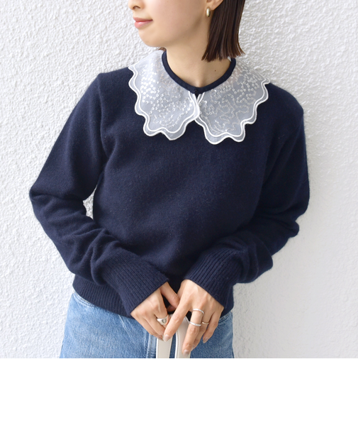 【WEB限定】〈手洗い可能〉布帛 襟付き ニット プルオーバー