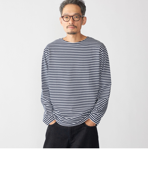 【WEB限定】SHIPS: バスク ボーダー ボートネック ワンポイントワッペン ロングスリーブ Tシャツ