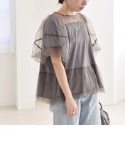 quaranciel:〈手洗い可能〉チュール パフスリーブ ドッキング プルオーバー