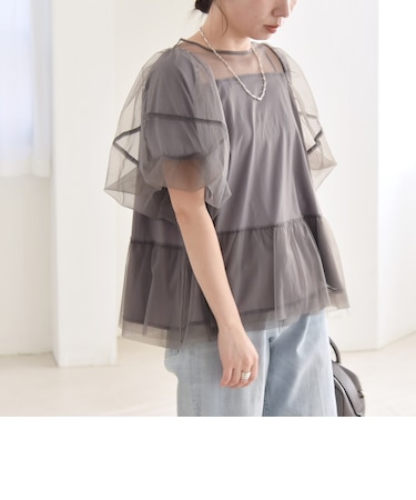 quaranciel:〈手洗い可能〉チュール パフスリーブ ドッキング プルオーバー