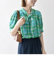 SHIPS any:〈洗濯機可能〉マドラス チェック ボウタイ パフスリーブ ブラウス