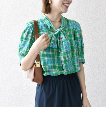SHIPS any:〈洗濯機可能〉マドラス チェック ボウタイ パフスリーブ ブラウス