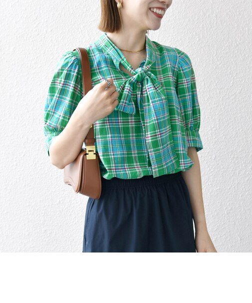 SHIPS any:〈洗濯機可能〉マドラス チェック ボウタイ パフスリーブ ブラウス