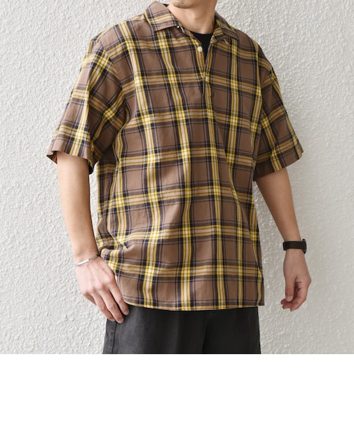 SHIPS any:〈洗濯機可能〉コットン/リネン チェック オープンカラー プルオーバー シャツ◇