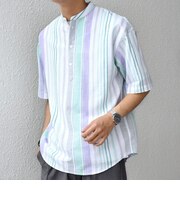 SHIPS any: BEZ TEXTILE マルチカラー ストライプ/ソリッド バンドカラー プルオーバー シャツ◇