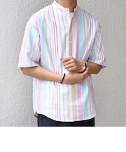 SHIPS any: BEZ TEXTILE マルチカラー ストライプ/ソリッド バンドカラー プルオーバー シャツ◇